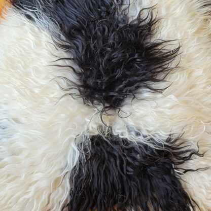 Long hair curly spotted white and black Icelandic sheepskin rug on chair