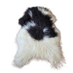 Long hair curly spotted white and black Icelandic sheepskin rug on floor