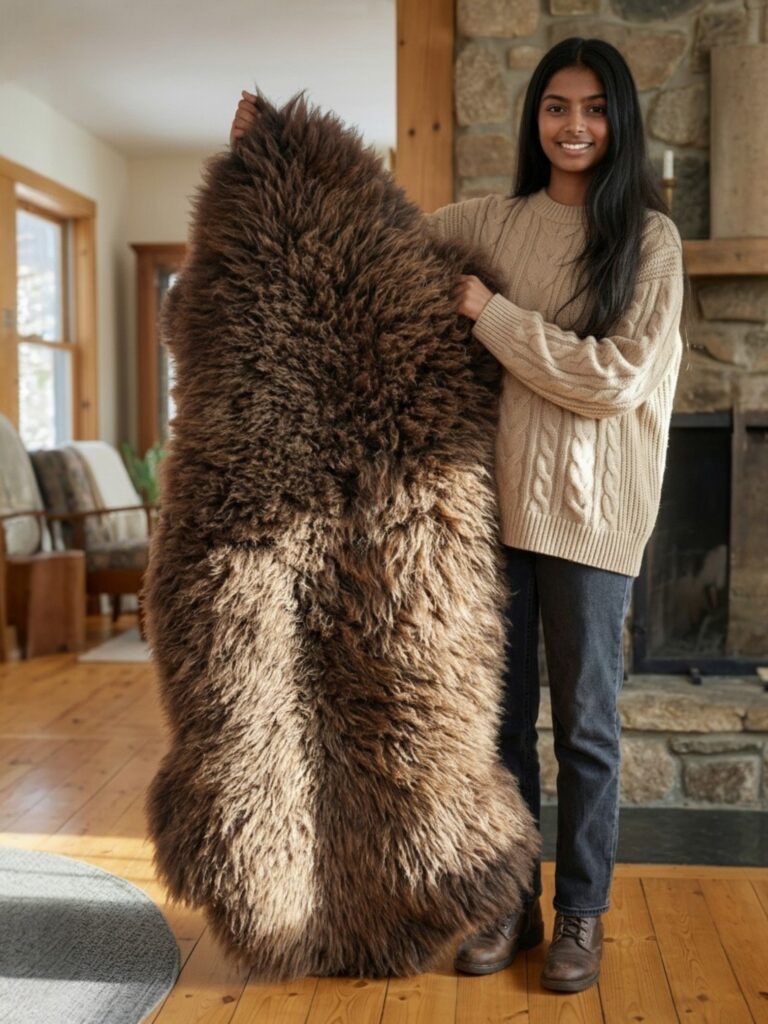 Giant brown Holland sheepskin rug being help up to shop this size and how substantial and thick it is. 