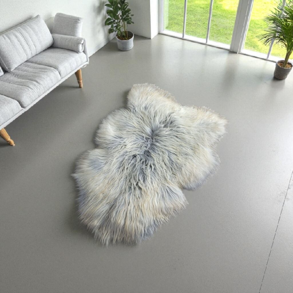 Wild woolly Icelandic sheepskin pelt rug on a modern living room floor