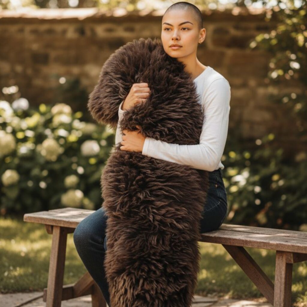 Woman on bench holding a large thick brown sheepskin 