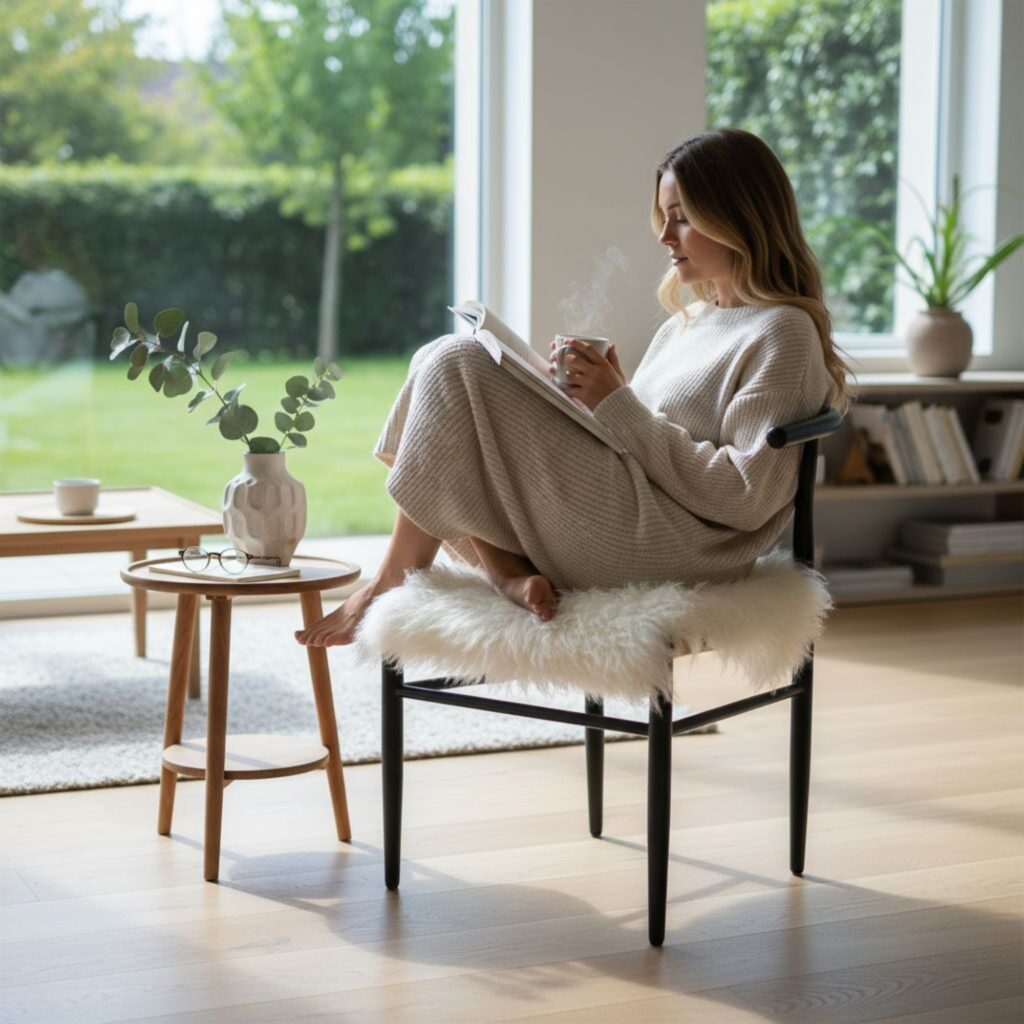 Picture of a woman reading a book  sitting on a thick fluffy genuine sheepskin chair pad 