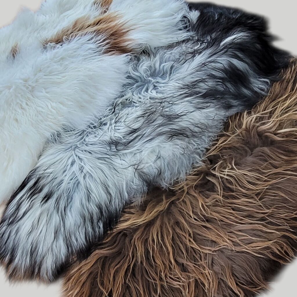 Icelandic sheepskins layered on the floor to show you their distinct colors. 