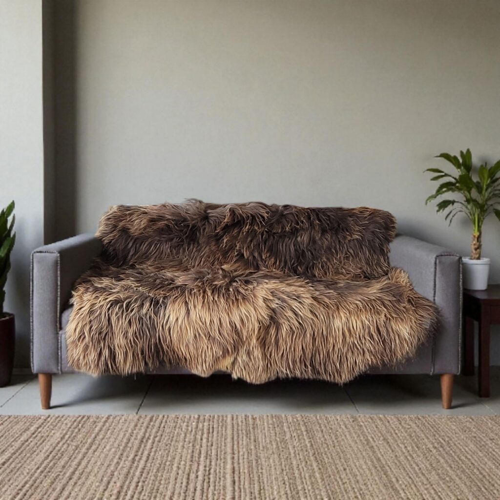 XXXL Icelandic sexto sheepskin sewn together to use as a throw draped over an entire sofa used as a slip cover. 