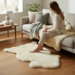 Sheepskins - What are people using them for? Medical tanned sheepskin shown on floor and one on the sofa with a female sitting on sofa in a living room