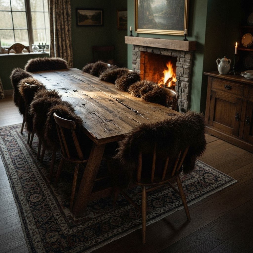 Brown sheepskins used in dining room on chairs