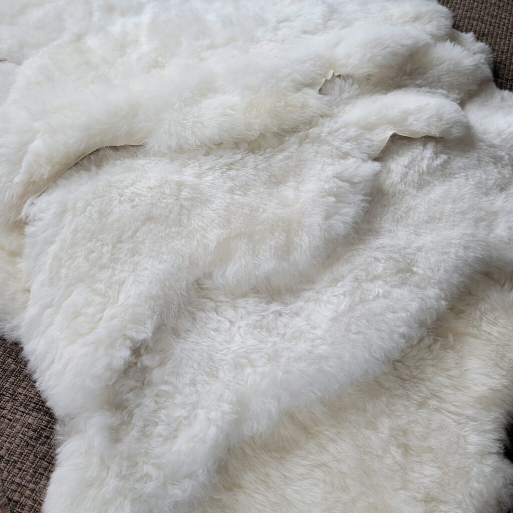 Layered Ivory lambskin pelts on the floor to display soft wool texture