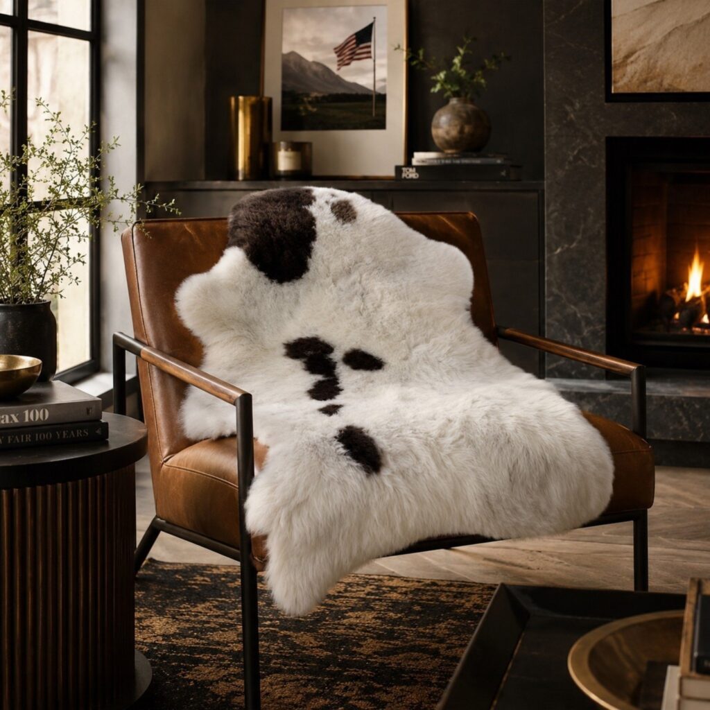 Sheepskin shown on chair in living room
