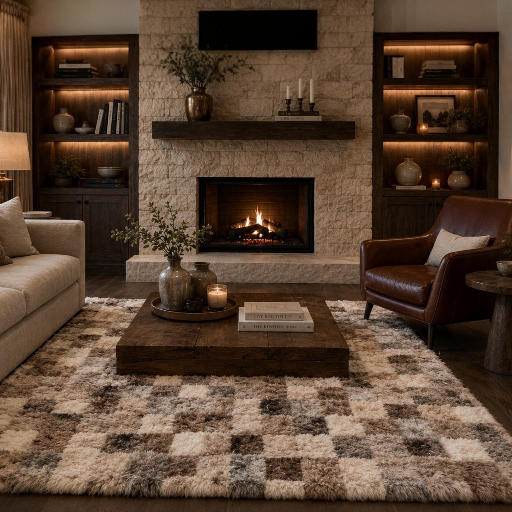 Natural 8 x 10 Genuine Sheepskin Area Rug shown made out of Icelandic Lambskin displayed in a living