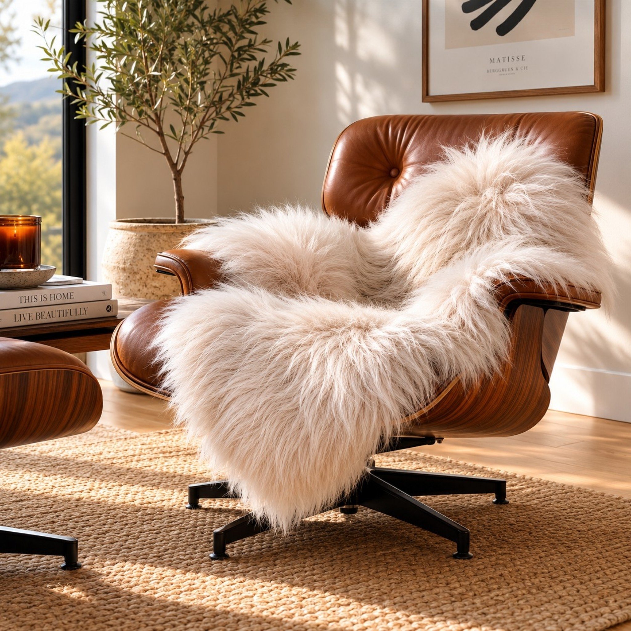 Blush Greige Icelandic Lambskin Fancy Blush Greige Icelandic Sheepskin Rug used on a Eames chair in an work from home office
