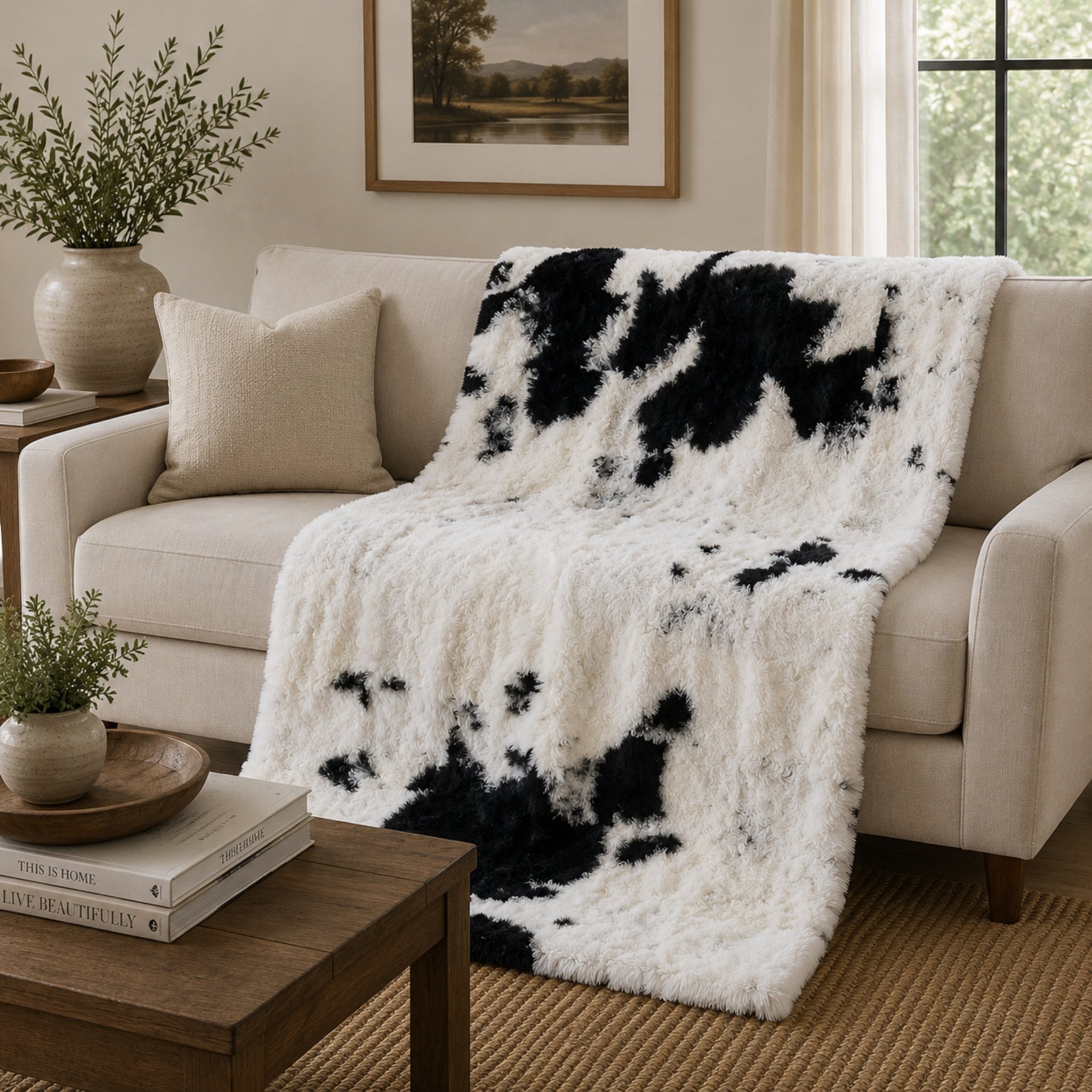 Designer Lambskin Blankets natural spotted fur throw blanket made out of Icelandic lambskin shown on sofa in living room
