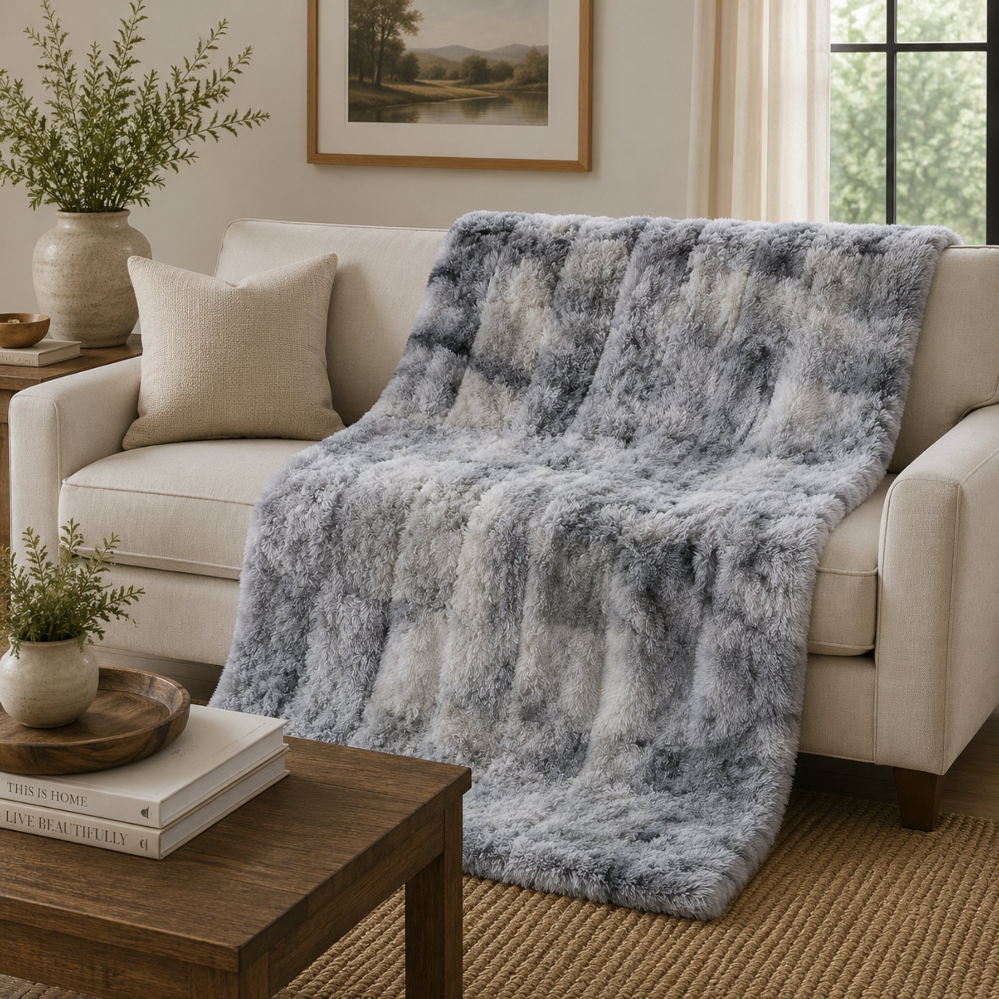 Designer Lambskin Blankets gray sheepskin throw blanket shown on sofa in living room