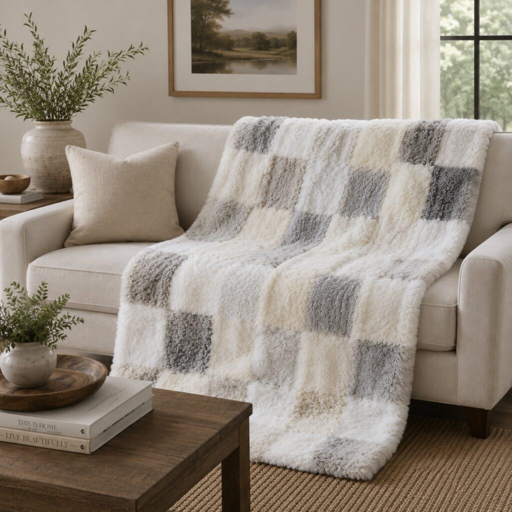 Sheepskin throw blanket shown on a sofa in a living room