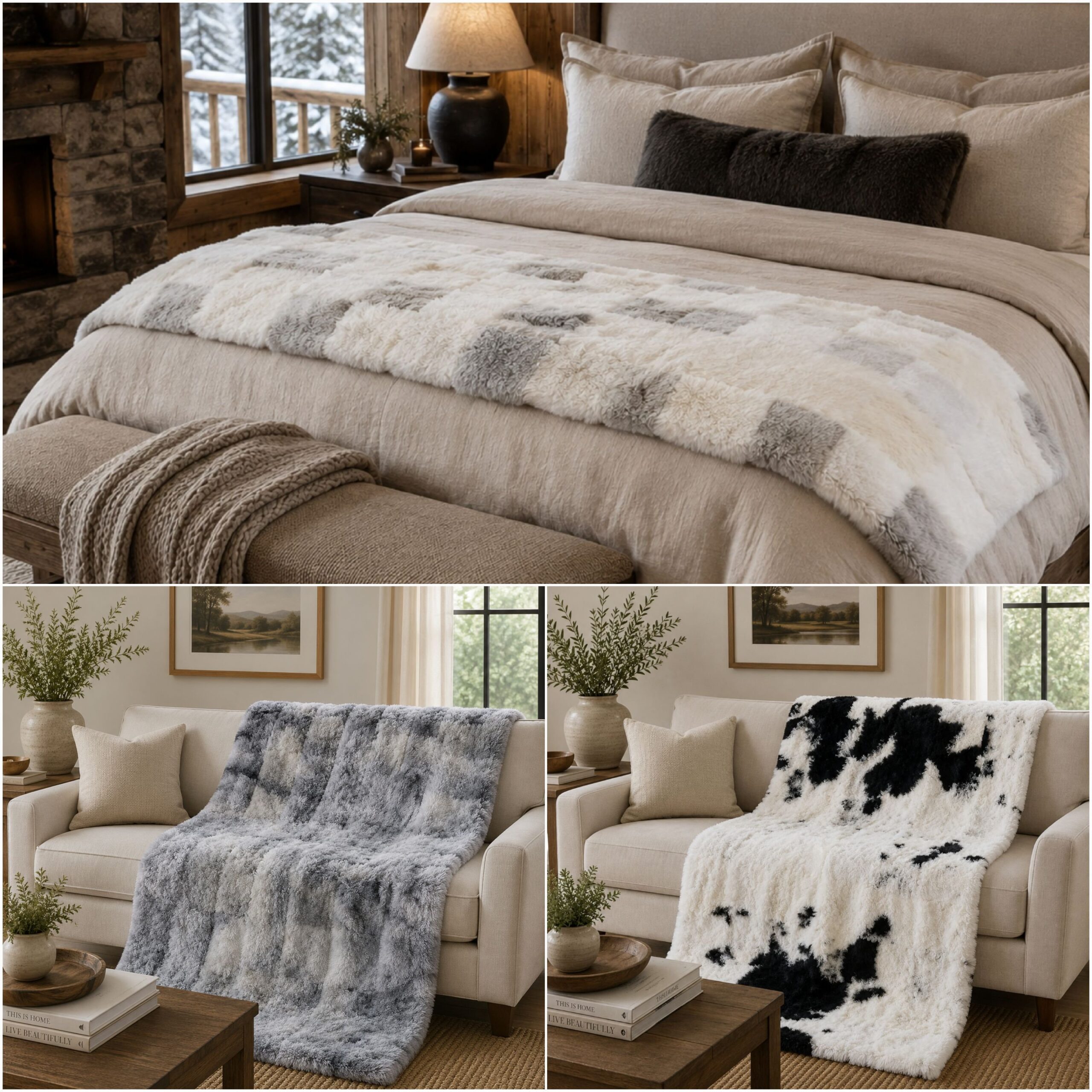 Designer Lambskin Blankets A collage of pictures displaying Noryageur's bedding collection of blankets and throws for your home.