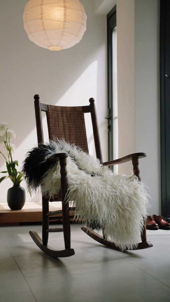 Cozy rocking chair with sheepskin blanket.