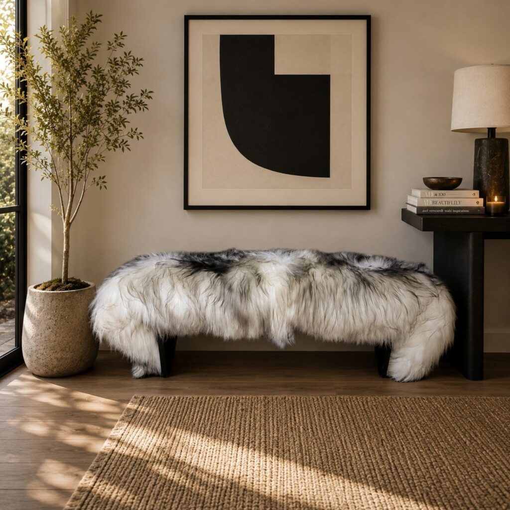 Grey tip Icelandic double sheepskin being used as a seat cover shown in a luxurious entry way