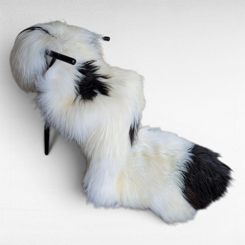 Spotted double sheepskin rug made using 2 100% genuine Icelandic sheepskin pelts displayed in a modern chair