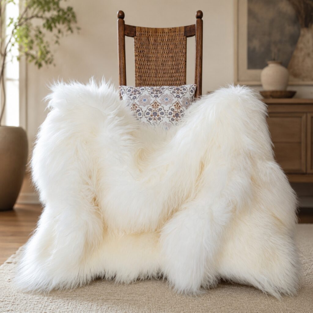 Icelandic Quad (4 pelt rug) natural white sheepskin displayed as a throw used on a rocking chair in a scandinavian modern home.