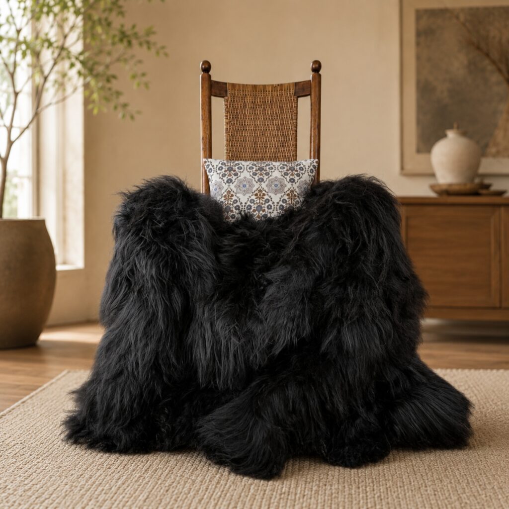 Icelandic Quad (4 pelt rug) natural black sheepskin displayed as a throw used on a rocking chair in a scandinavian modern home.