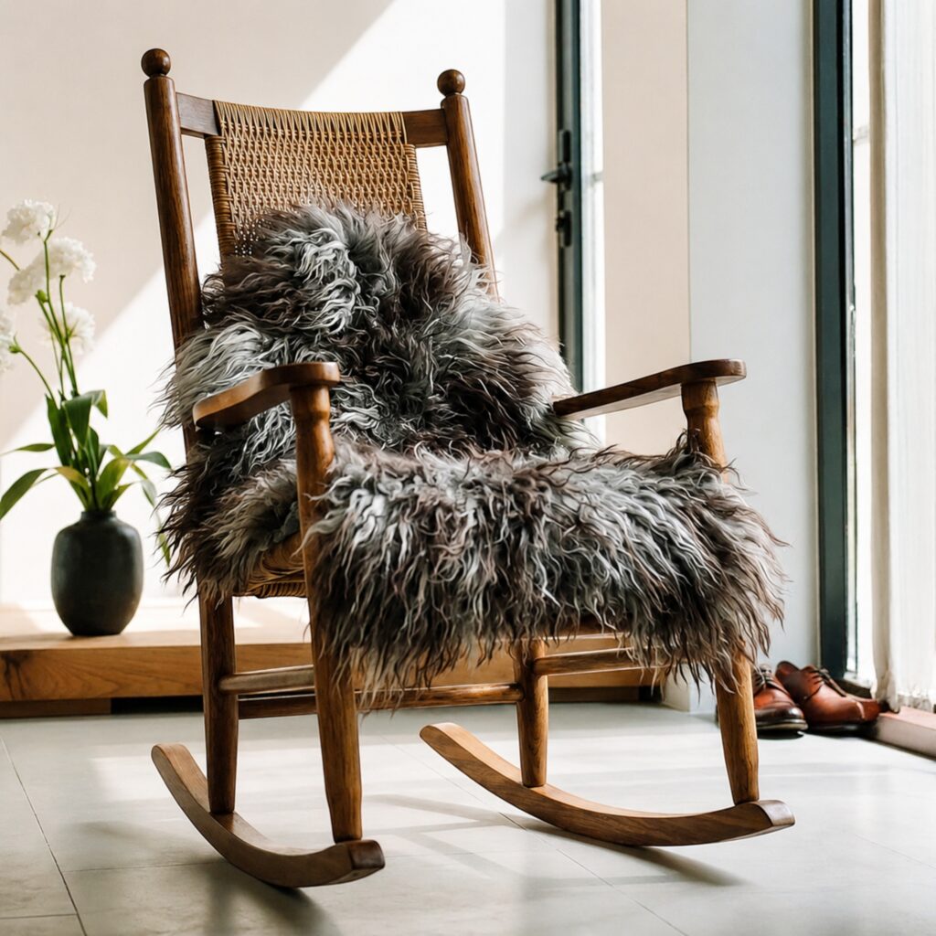 Icelandic Curly Natural Gray Wool Lambskin displayed in a Kennedy rocking chair