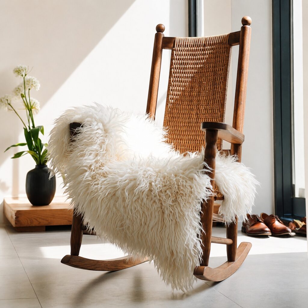 Natural curly wool Icelandic sheepskin displayed on a rocking chair as a soft pelt throw