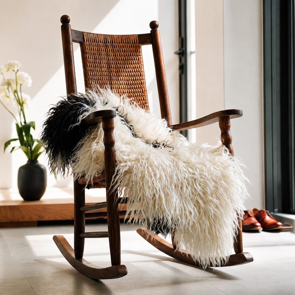 Spotted curly wool Icelandic sheepskin displayed on a rocking chair as a soft pelt throw