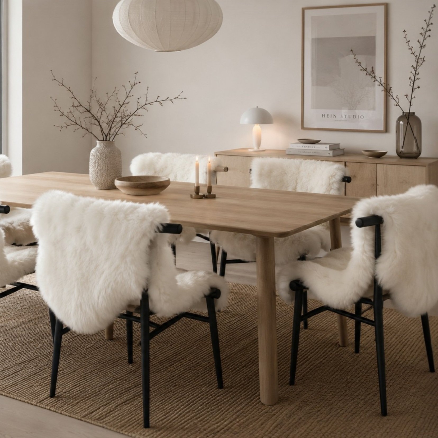 ivory lambskin rugs draped over dining chairs
