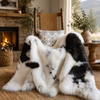 Natural spotted sheepskin throw blanket shown in a rocking chair