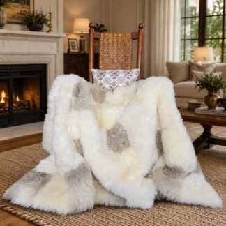Light colored melange sheepskin throw blanket shown in a rocking chair