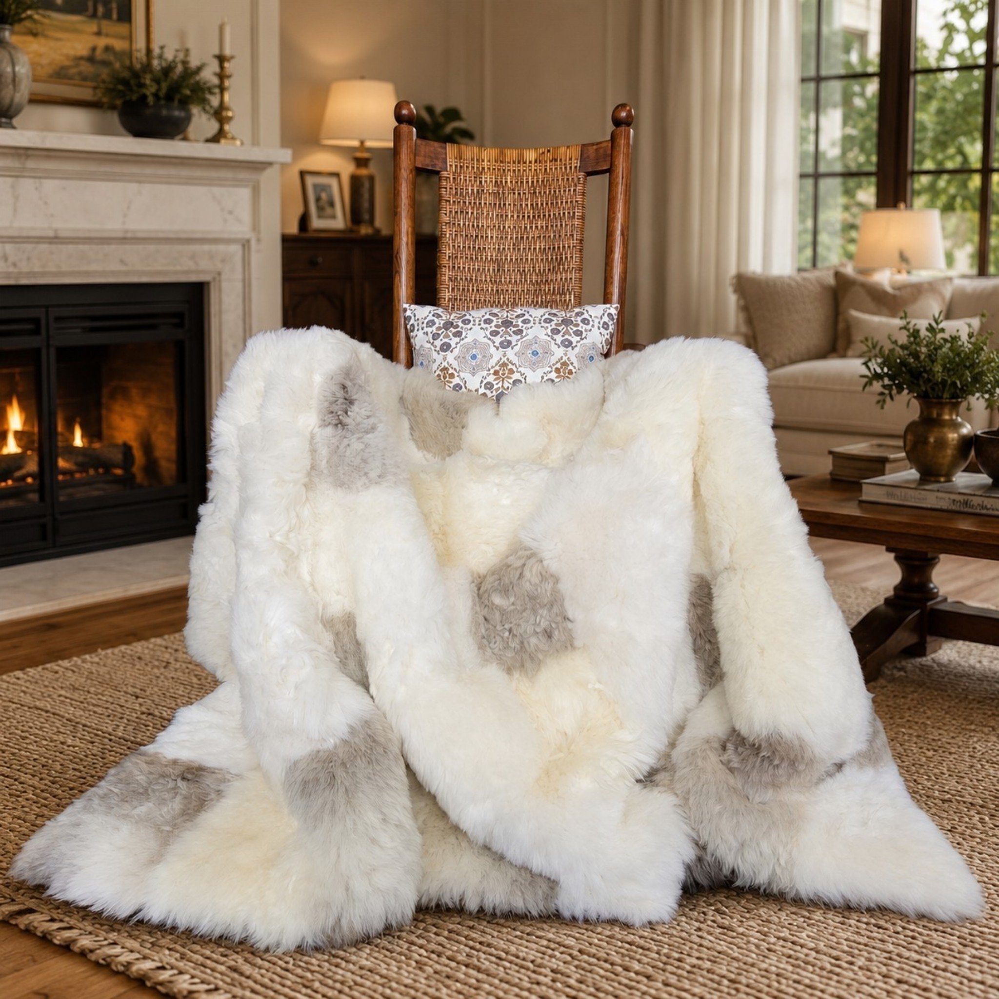Light colored melange sheepskin throw blanket shown in a rocking chair