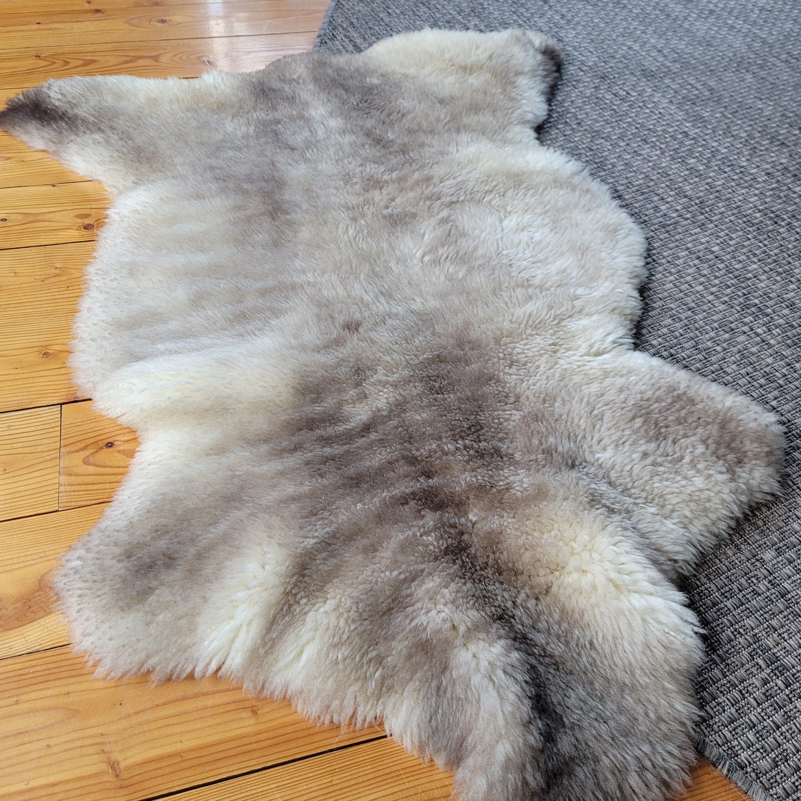 Rare German Sheepskin Soft Gray, Cream & Tan Throw 47″ × 34″ - Image 4
